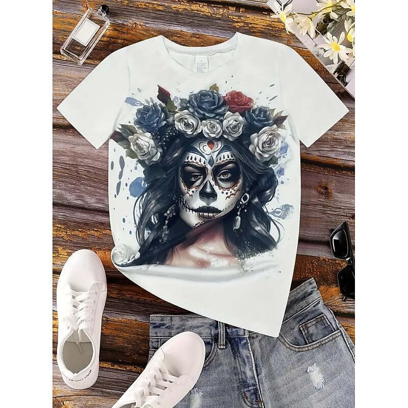 Halloween Women's T Shirt Skulls Skeleton Casual Short Sleeve Round Neck Regular Tops Daily Going out Weekend Print Black White Summer2