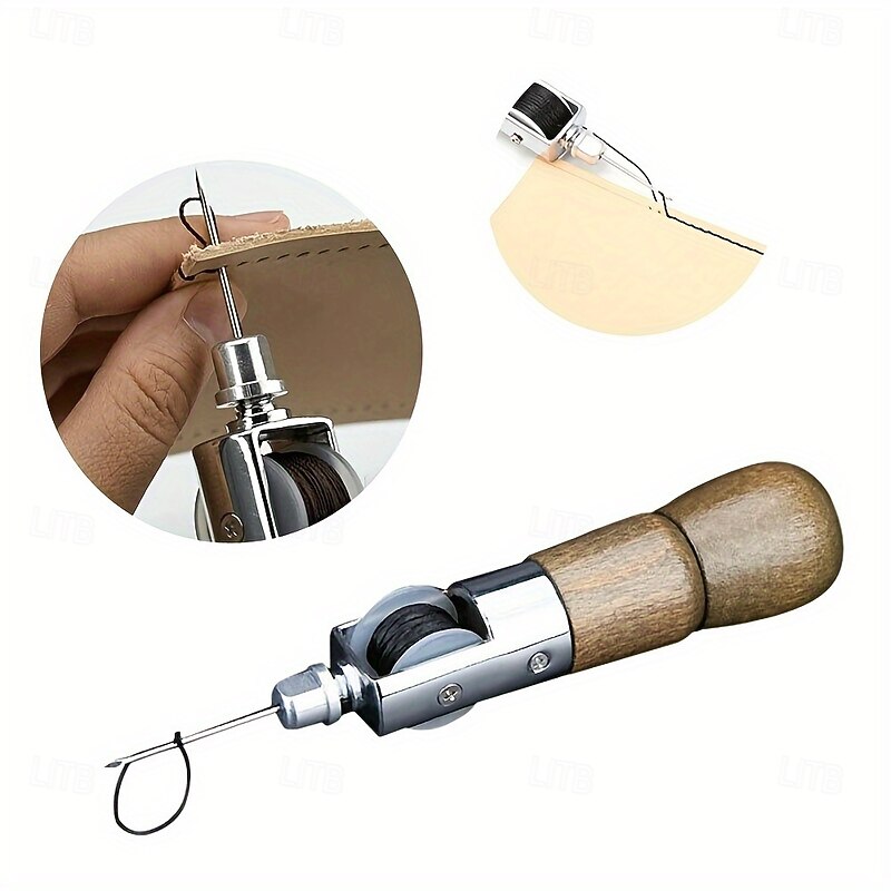 Metal Hand Stitcher Faux Leather Sewing Awl Kit with Needle - Quick DIY Crafts & Repairs Tool Set3