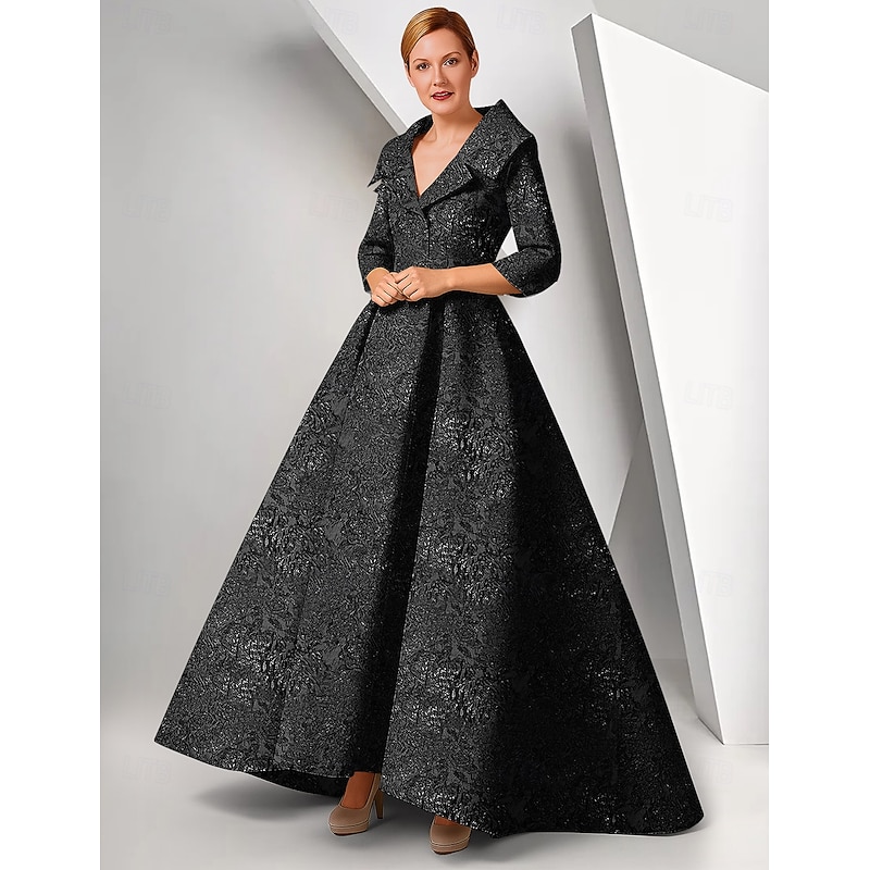 Black Floral Jacquard A-Line Evening Gown Elegant Dress Formal Wedding Floor Length Sleeveless V Neck Nylon with Pleats