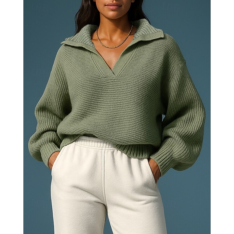 Women's Pullover Sweatshirt Casual Knitted Pullover Long Sleeve Top Athleisure V Neck Solid Colored Warm Breathable Outdoor Sportswear Activewear White Pink Green3