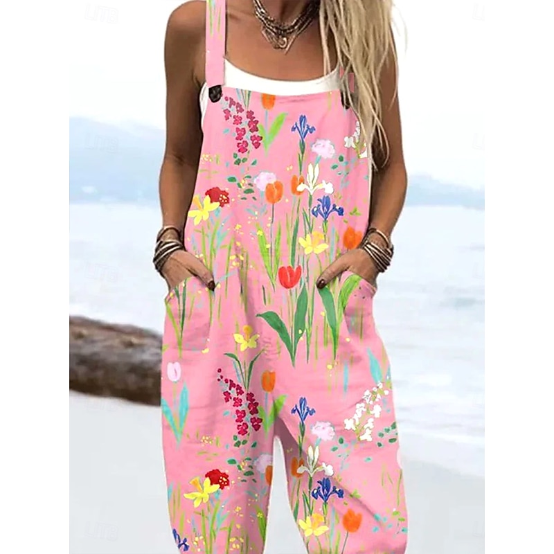 Women's Dungarees Active Floral Sleeveless Harem Drawstring with Pocket Vacation Street Loose Fit Pink Blue Purple Summer2