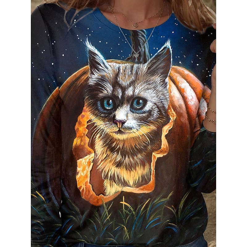 Dakota Daetwiler Halloween Women's T shirt Pumpkin Crew Neck Long Sleeve Tunic Graphic Animal Cat Vintage Stylish  Round Neck Regular Tops Daily Weekend Print Orange Fall Winter3
