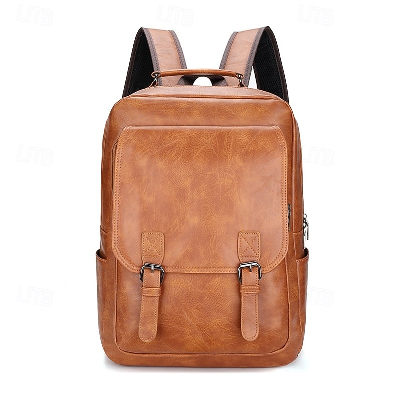 Men's Vintage Faux Leather Backpack – Large Capacity Business and Travel Bag with Buckle Straps and Laptop Compartment4
