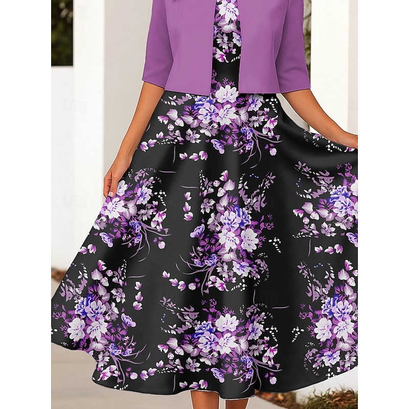 Women's Two Piece Dress Sets Midi Dress with Jacket Elegant A Line Dress Half Sleeve Party Floral Print 3/4 Length Sleeve Crew Neck Daily Yellow Blue Purple Spring Fall Regular Fit3