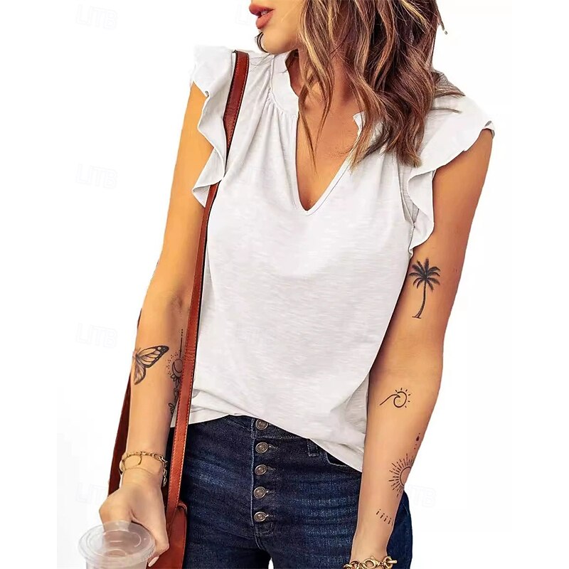 Women's Texture Blouse T Shirt Plain Fashion Modern Short Sleeve V Neck Regular Tops Daily Ruffle White Pink Green Summer2