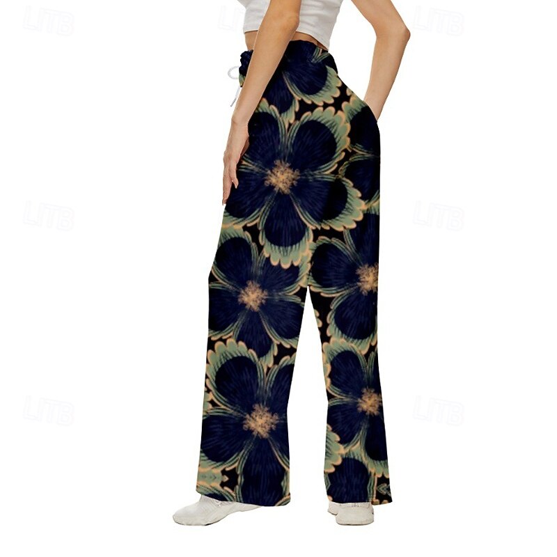 Women's Wide Leg Slacks Streetwear Casual Full Length Natural Flower Print Elastic Drawstring Design Comfortable Street Holiday Daily Wear Black Fall Regular Fit2