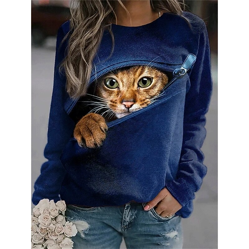 Women's Pullover Sweatshirt Hoodies Graphic Animal Cat Fashion Casual Long Sleeve Crew Neck Round Neck Regular Tops Street Dailywear Print Black Dark Blue Spring Fall Winter2
