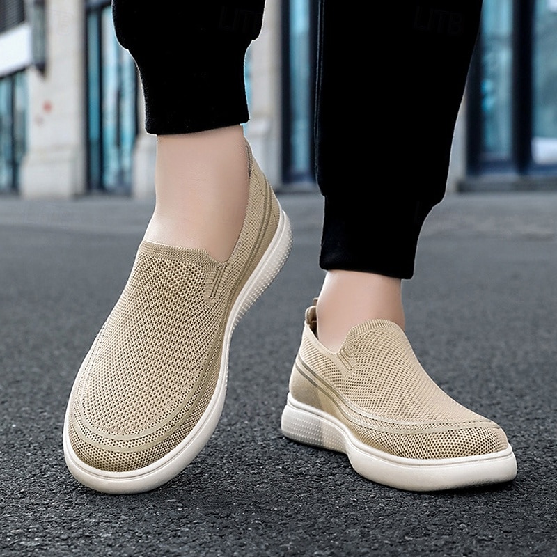Men's Beige Knit Slip-On Sneakers – Breathable Lightweight Casual Shoes for Summer, Walking and Vacation4