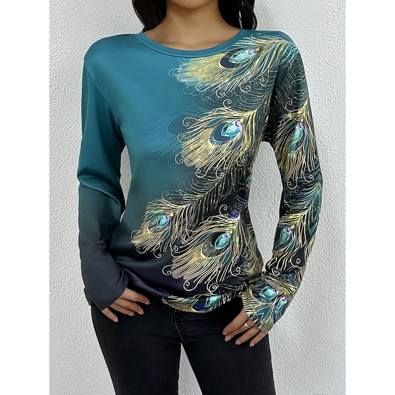 Women's T shirt Crew Neck Long Sleeve Tunic Graphic Animal Vintage Stylish Classic  Regular Tops Daily Print Blue Fall