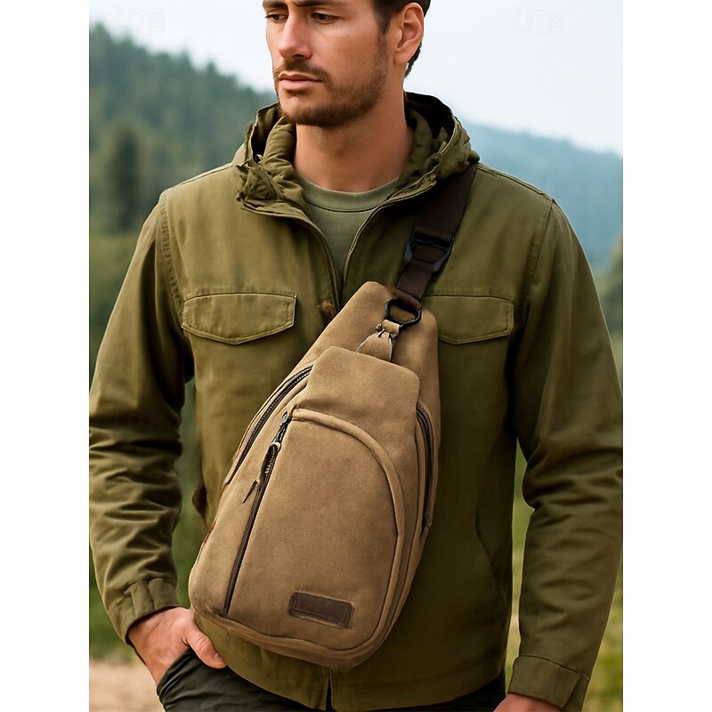 Men's Canvas Sling Backpack with Multiple Compartments, Vintage Crossbody Chest Bag for Outdoor Hiking, Travel and Daily Casual Use