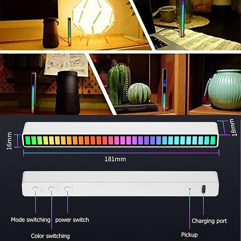 RGB Voice-Activated Pickup Rhythm Light 32 LED Bar Sound Control Ambient Light Sound Level Indicator Music Spectrum Meter Audio Display Visualizer3