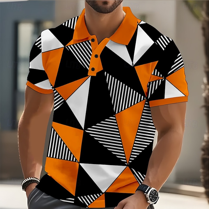 Men's Geometric Color Block Polo Short Sleeve Polo Shirts Collared Shirts Casual Street Athleisure Daily Wear 3D Print Buttons Summer Red Blue Orange4