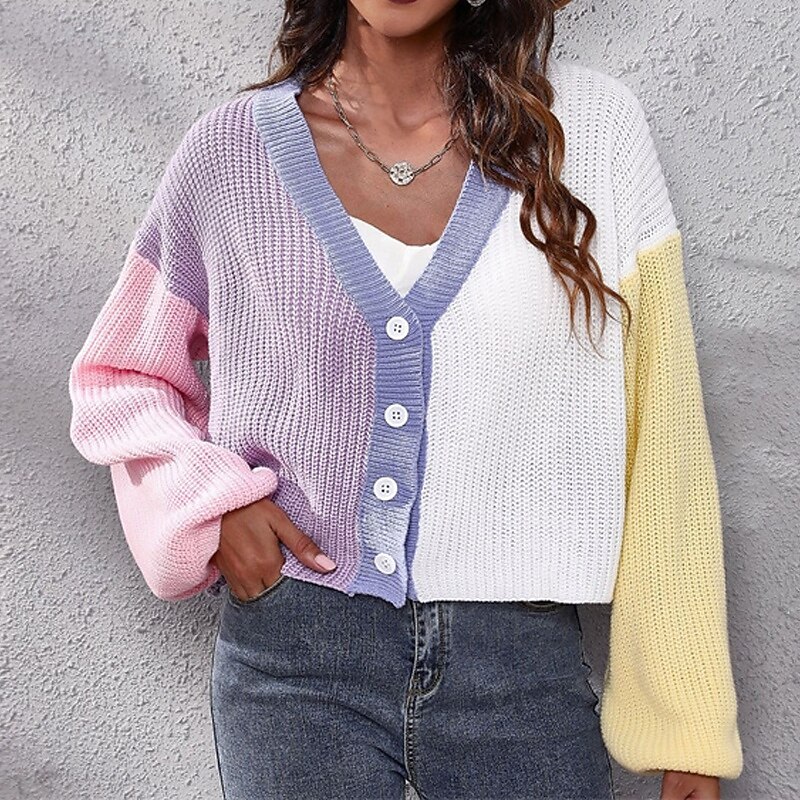 Women's Cardigan Casual Color Block Chunky V Neck Knitted Long Sleeve Regular Tops Knit Daily Holiday Going out Purple Fall Winter3