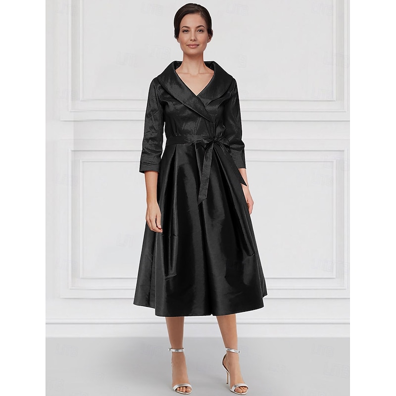 A-Line Portrait Collar Mother of the Bride Dress Stretch Taffeta Elegant Simple Minimalist V Neck Tea Length  Midi Length 3/4 Length Sleeve with Bow(s) Pleat