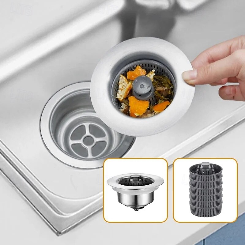 Kitchen Sink Odor Filter Stainless Steel Strainer Drain Stopper Basket for Vegetables Basin Universal Bouncing Core Anti-Clogging Dishwashing Sink Drain Plug2