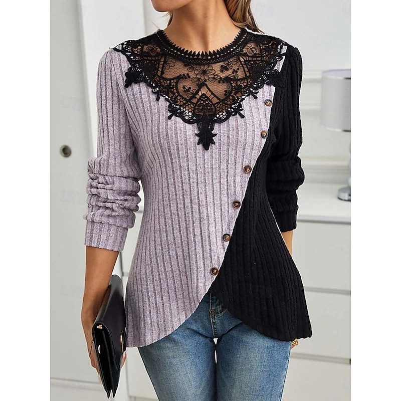 Women's Blouse Solid Color Elegant Stylish Basic Long Sleeve Crew Neck Regular Tops Daily Lace Patchwork Army Green Light Purple Light Grey Spring Fall Winter2