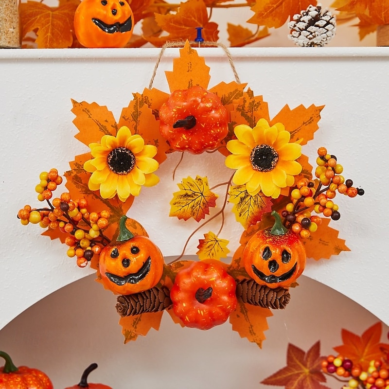 Halloween Fall Ornament with Halloween Wreath featuring Maple Leaves and Pumpkin for Door Hanging, Harvest Festival Scene Decoration for Spooky Autumn Halloween2