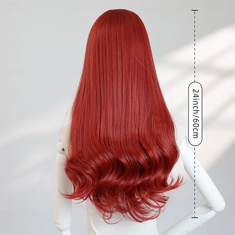 24‑Inch Red Wavy Ends Wig for Women – Full Bangs, High‑Temp Synthetic Long Hair, Perfect for Halloween Costumes & Party Looks4