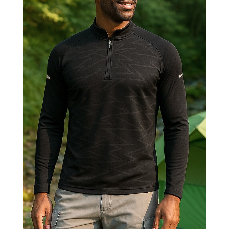 Men's Performance Shirt Long Sleeve Stand Collar Top Outdoor Quick Dry Polyester Black Tennis Workout Running3