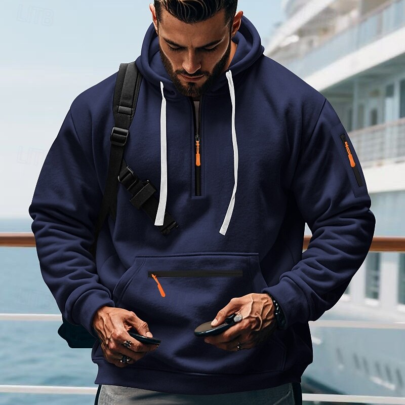 Men's Hoodie Quarter Zip Hoodie Fleece Hoodie Tactical Hoodie Black White Navy Blue Khaki Light Grey Hooded Plain Zipper Pockets Daily Holiday Streetwear Basic Workout Fall Winter Clothing Apparel4