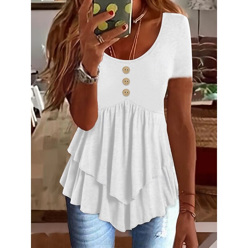 Women's Blouse Peplum Solid Color Stylish Casual Short Sleeve Crew Neck Regular Tops Daily Ruffle Buttons Black White Blue Orange Green Summer Spring3