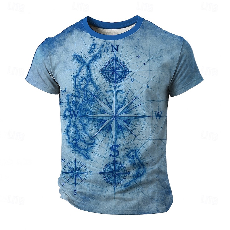 Men's Ship Map T Shirt Short Sleeve T shirt 3D Print Crew Neck Shirt Retro Vintage Vintage Retro Street Casual Daily Light Blue Blue Brown Summer Spring All Seasons Clothing Apparel S M L XL XXL XXXL