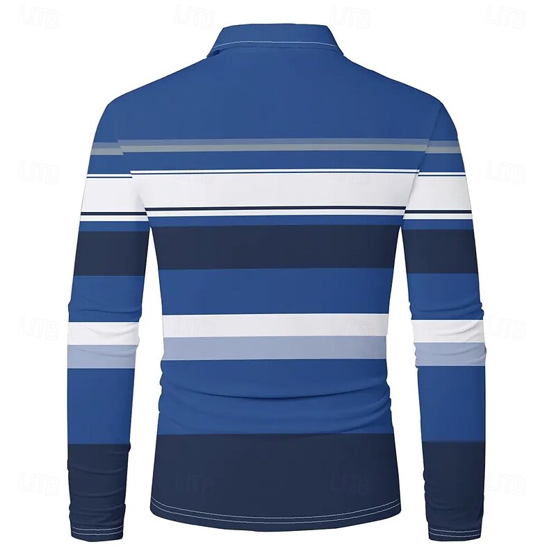 Men's Horizontal Stripes Polo Long Sleeve Polo Shirts Collared Shirts Business Casual Business Athleisure Daily Wear 3D Print Buttons Spring Fall Winter Blue2