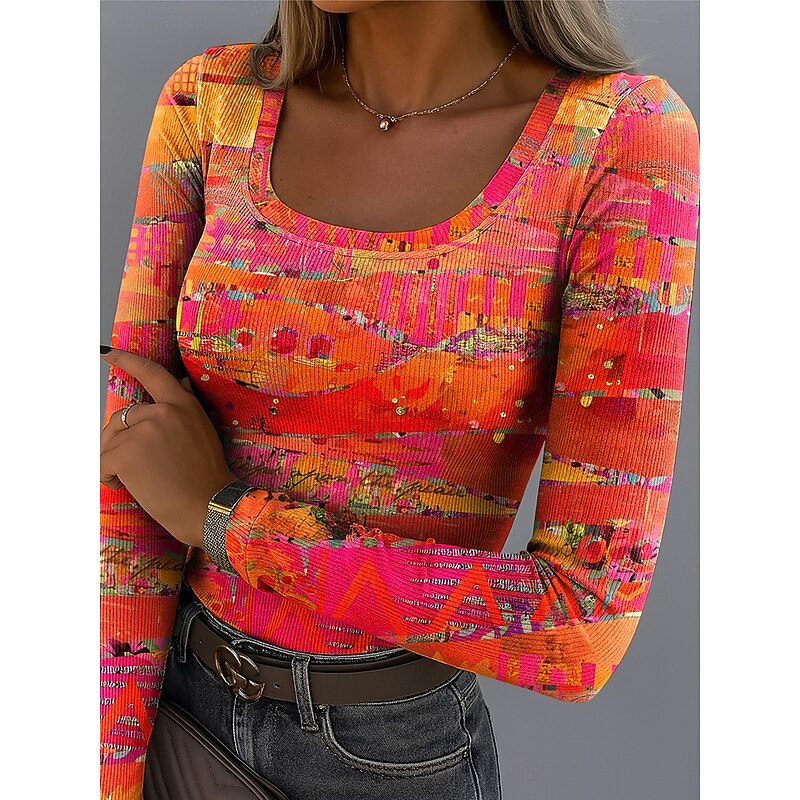 Women's T Shirt Ribbed Graphic Square Neck Long Sleeve Casual Geometric Classic Regular Tops Daily Print White Light Green Dark Green Orange Khaki Spring Fall3