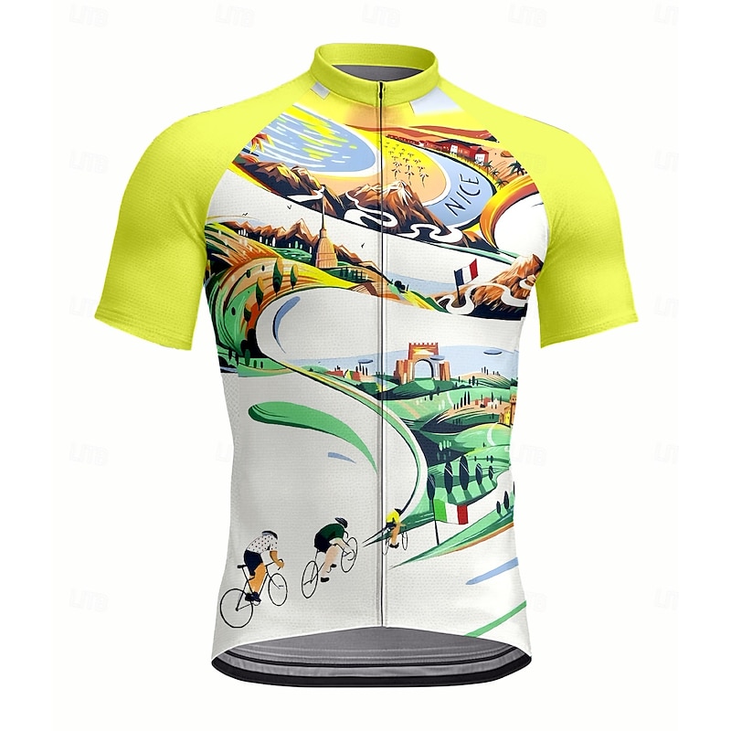 Men's Cycling Jersey Graphic Geometric Short Sleeve Bike Jersey Top with 3 Rear Pockets UV Resistant Quick Dry Front Zipper Reflective Strips Sports Yellow Green Clothing Apparel