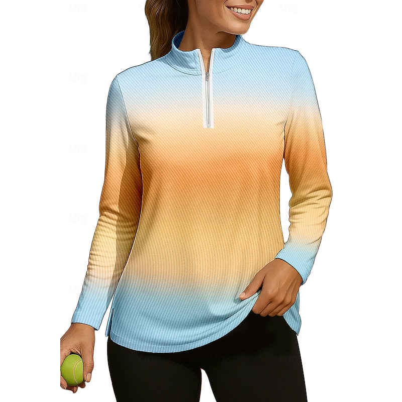 Women's Gradient Stripes Shirt Sport Shirt Golf Polo Shirt Tennis Shirt Long Sleeve Zipper Floral UPF50+ UV Resistant High Elasticity Moisture Wicking Breathable Tennis Golf Pickleball Stand Collar