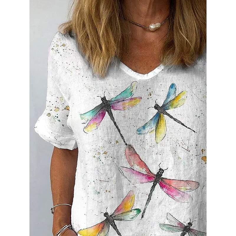 Women's T Shirt Graphic Dragonfly Vintage Stylish Classic Short Sleeve V Neck Regular Tops Daily Weekend Vacation Wear Print White Summer Spring Fall2