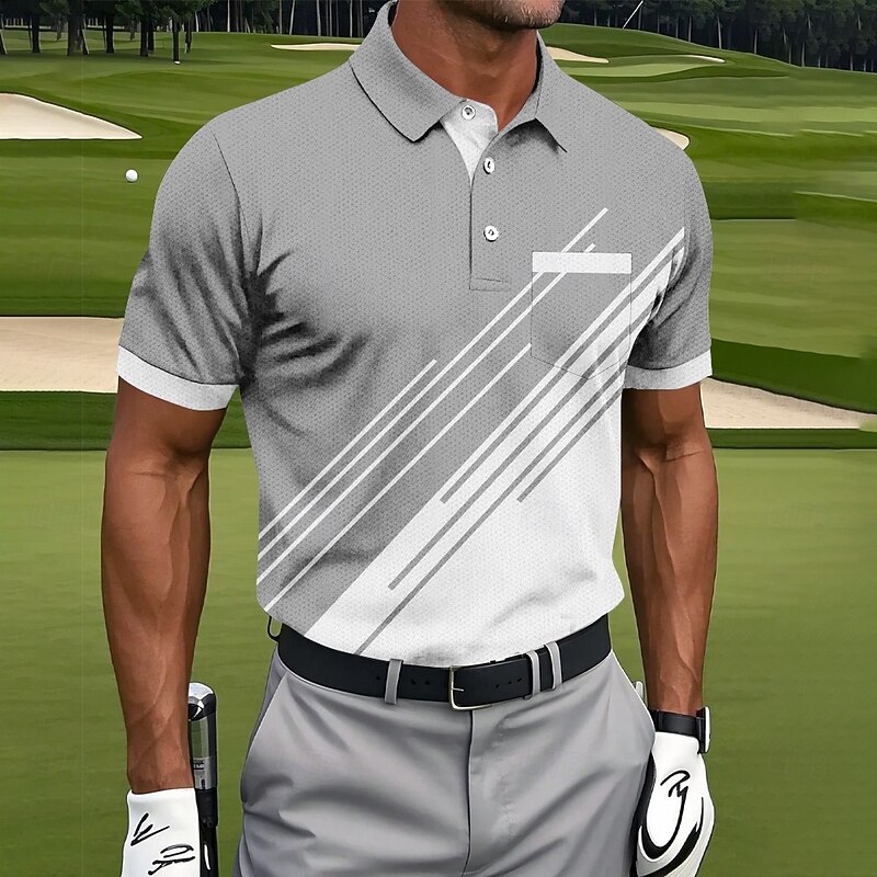 Men's Geometic Line Polo Short Sleeve Polo Shirts Collared Shirts Sportswear Casual Outdoor Athleisure Daily Wear Pocket 3D Print Buttons Summer Black Navy Blue Blue4