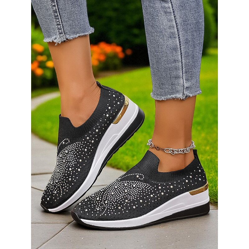 Women's Rhinestone Flyknit Slip-On Sneakers – Sparkling Wedge Shoes for Festivals, Travel and Daily Fashion2