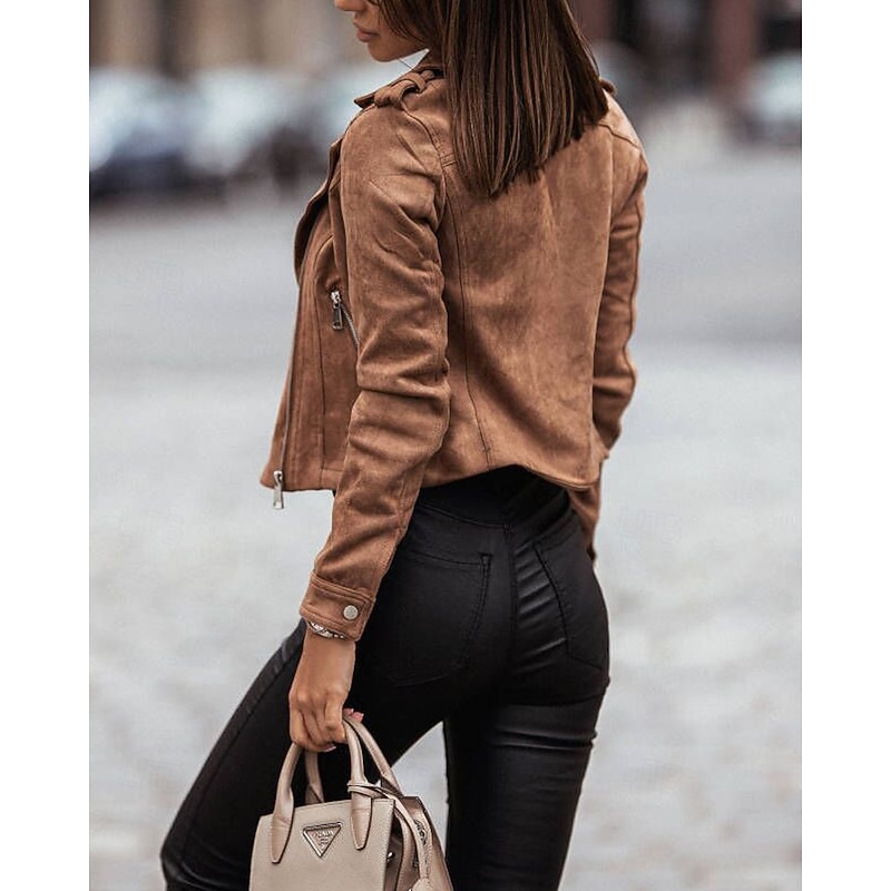 Women's Faux Leather Jacket Casual Jacket Windproof Comfortable Zipper Fashion Modern Outdoor Plain Going out Casual Daily Weekend Double Breasted Short Lapel Regular Fit Long Sleeve Outerwear Black2