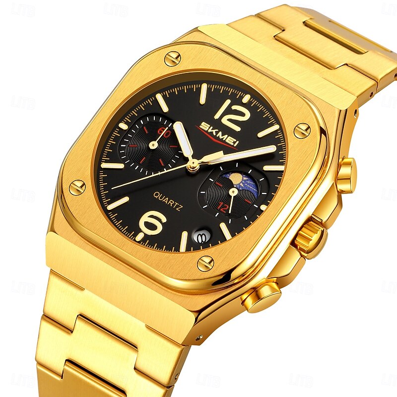 SKMEI Women Men Quartz Watch Luxury Outdoor Fashion Business Moon phase Luminous Calendar Chronograph Stainless Steel Strap Watch
