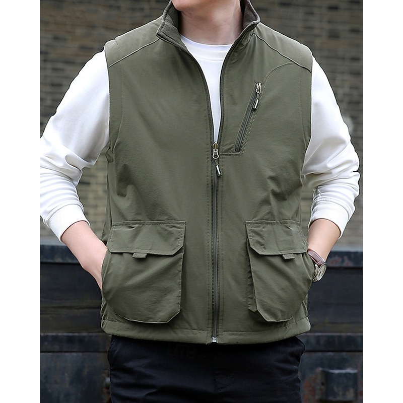 Men's Vest Gilet Outdoor Daily Fashion Casual Spring Fall Pocket Nylon Comfortable Breathable Plain Zipper Stand Collar Regular Fit Black Khaki Army Green Dark Blue Vest4