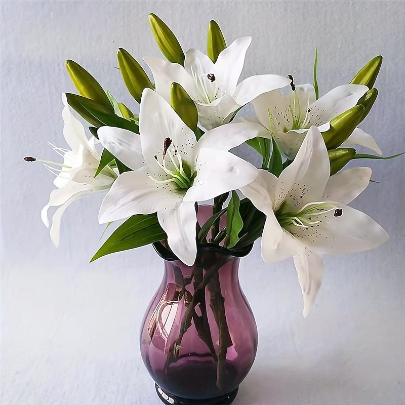 10PCS Artificial White Lily Bouquets, Realistic Plastic Flower Arrangements for Home, Garden, Wedding, and Holiday Decorations, Perfect for Easter, Ramadan, St. Patrick's Day, Mother's Day, Indoor and Outdoor Use3