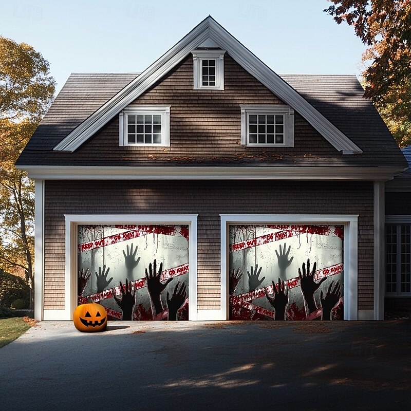 Halloween Garage Door Cover – Bloody Handprints & Horror Scene, Scary Outdoor Decoration for 2025 Halloween Home Front Yard4