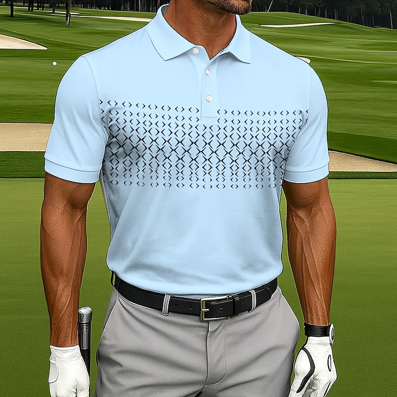 Men's Polo Casual Sports Turndown Short Sleeve Fashion Leisure Geometic Golf 3D Print Buttons Summer Lake Blue White Blue Lilac-Pink Polo4
