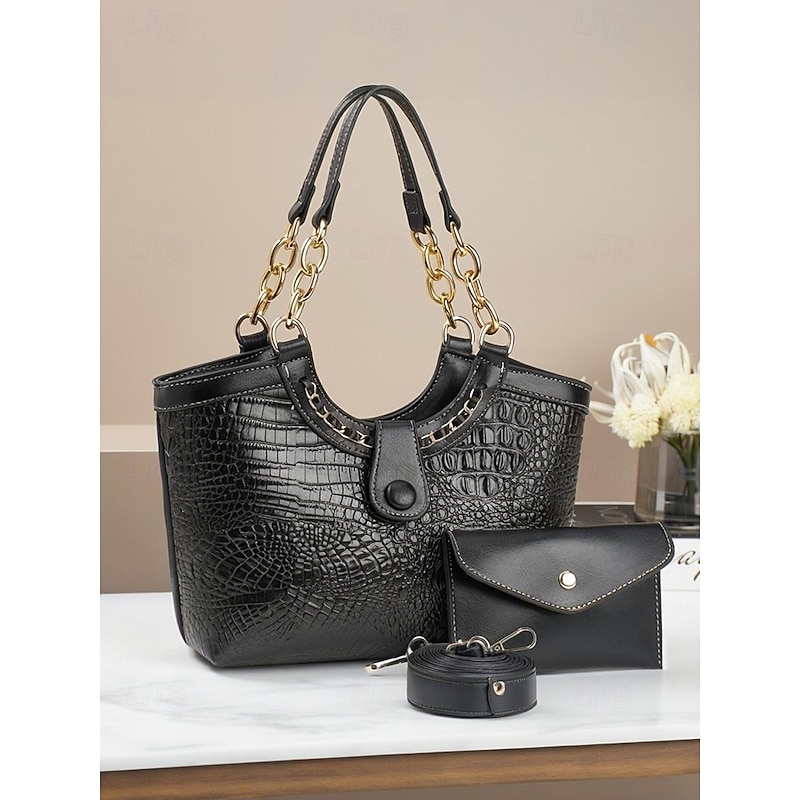 Women's 2-Piece Faux Leather Crocodile Tote Bag Set – Stylish Shoulder Handbag with Chain Detail and Wallet for Work, Travel and Daily Use4