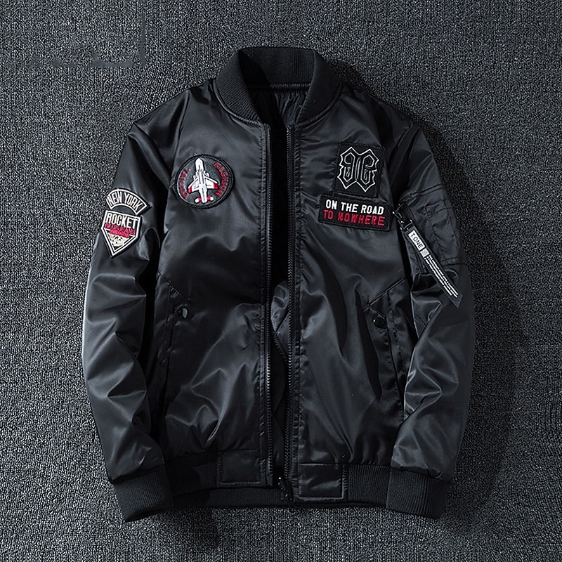 Men's Faux Leather Jacket Bomber Jacket Biker Jacket Motorcycle Jacket Vacation Daily Windproof Warm Pocket Spring Fall Letter Fashion Classic Stand Collar Regular Black Army Green Dark Blue Jacket