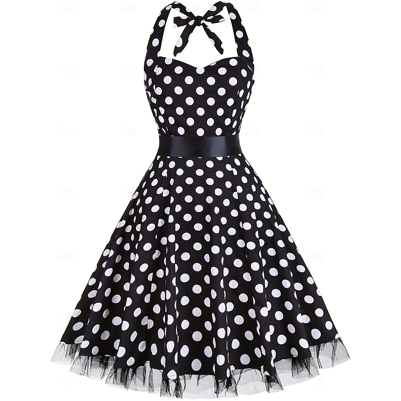 Vintage 1950s Rockabilly Knee Length Flapper Dress Dress A Line Dress Polka Dot Fit & Flare Halter Neck Fancy Dress Women's Halloween Carnival Valentine's Day Party Casual Tea Party Adults' Dress2