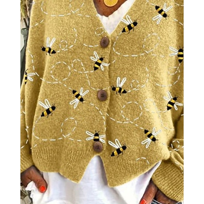 Women's Sweater Cardigan Fashion Streetwear Daily Animal Ribbed V Neck Knitted Print Long Sleeve Regular Tops Knit Holiday Going out Weekend Yellow Fall Winter3