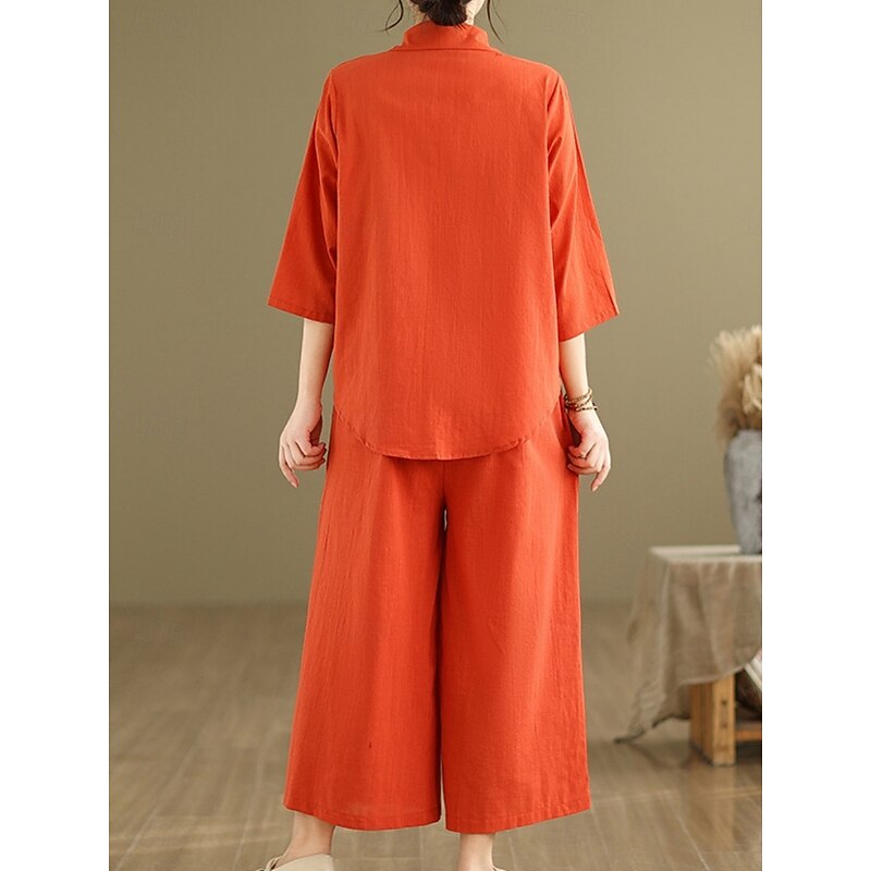 Women's Elegant Fashion Streetwear Cotton Linen Sets 3/4 Length Sleeve Shirt Collar Solid Color Outdoor Work Casual Orange Brown Khaki Summer Regular Fit4