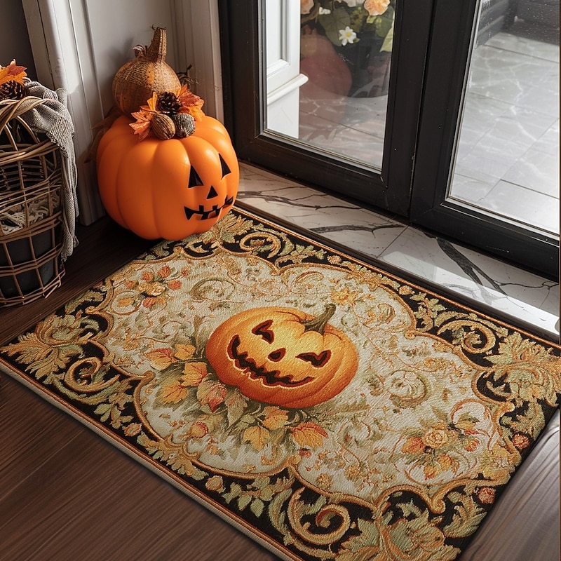 Halloween Indoor Outdoor Doormat Kitchen Mat Pumpkin Face with Ornamental Frame Design, Non-Slip Front Door Mat for Porch, Entryway, Patio, Bedroom, Bathroom and 2025 Halloween Home Decoration3