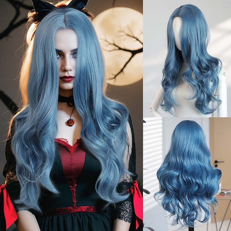 Women's 22″ Blue Wavy No‑Bangs Halloween Wig – Long Heat‑Resistant Synthetic Hair for Costume Parties & Photo Shoots