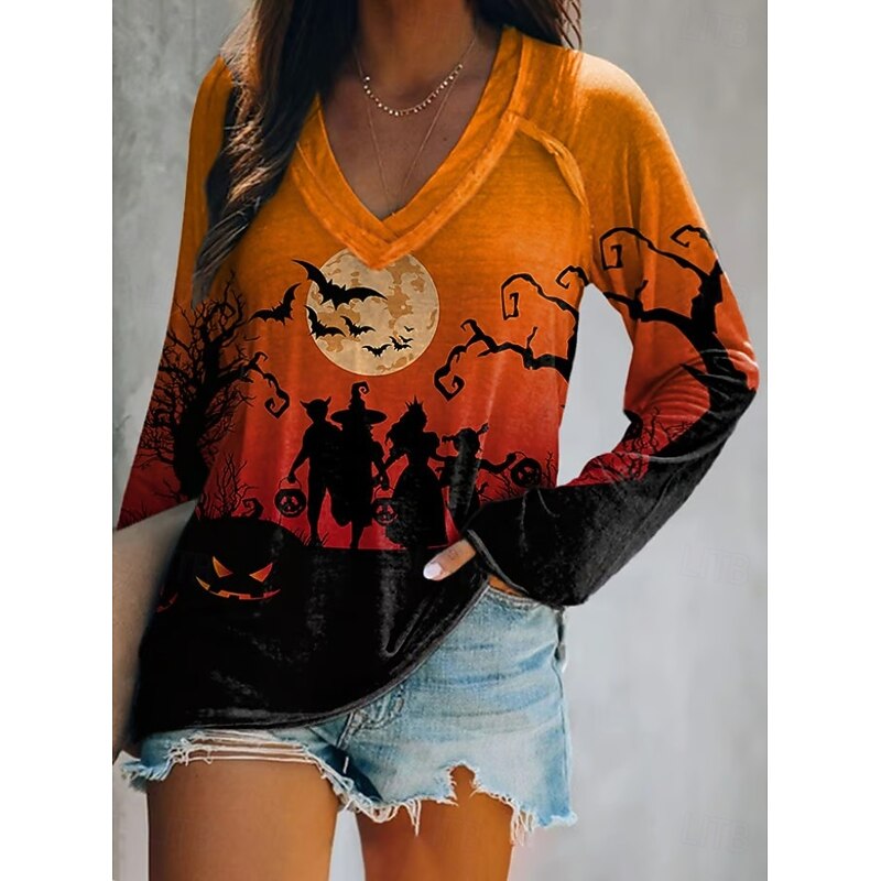 Halloween Women's T shirt Witch V Neck Long Sleeve Graphic Casual Elegant Vintage Stylish Regular Tops Daily Going out Weekend Print Black and gray Sage Green White Blue Orange Spring Fall4