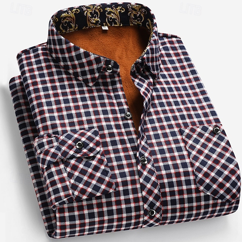 Men's Casual Shirt Flannel Shirt Plaid Shirt Button Up Shirt Red Blue Long Sleeve Plaid / Check Lapel Vacation Casual Daily Button-Down Clothing Apparel Polyester Fashion Casual Comfortable