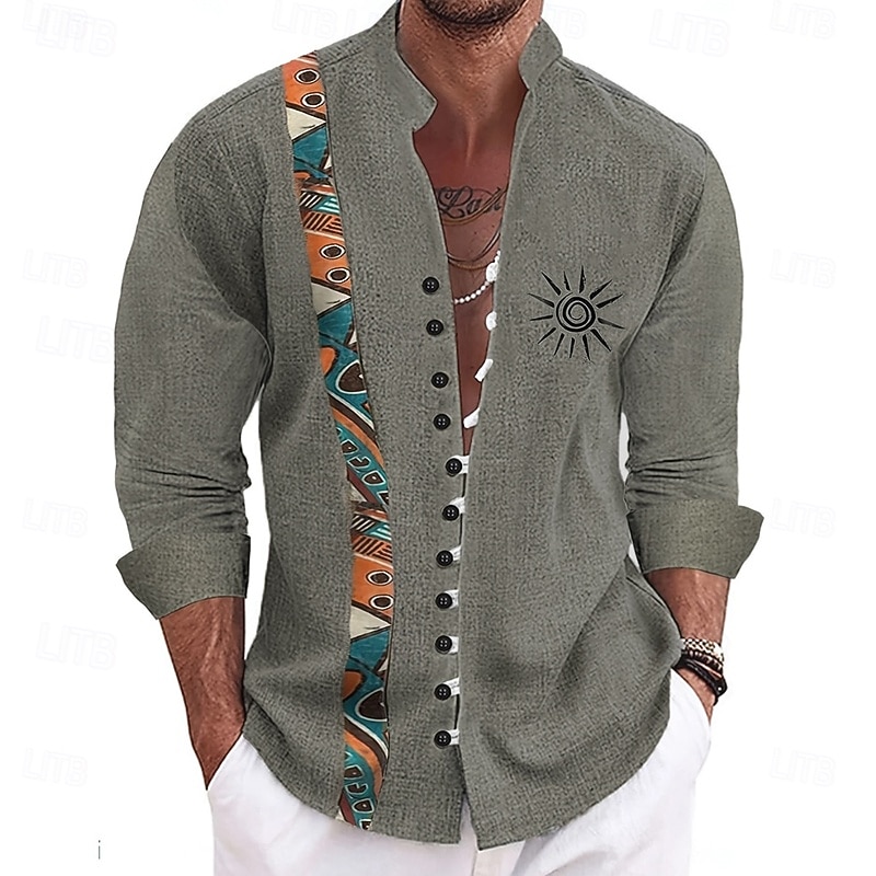 Men's Sun Ethnic Indian Culture Shirt Stand Collar Shirt Long Sleeve Vintage Retro Vacation Daily Wear Going out Spring Fall Mandarin Collar Band Collar Button-Down Linen Like Shirt Blue Dark Green4