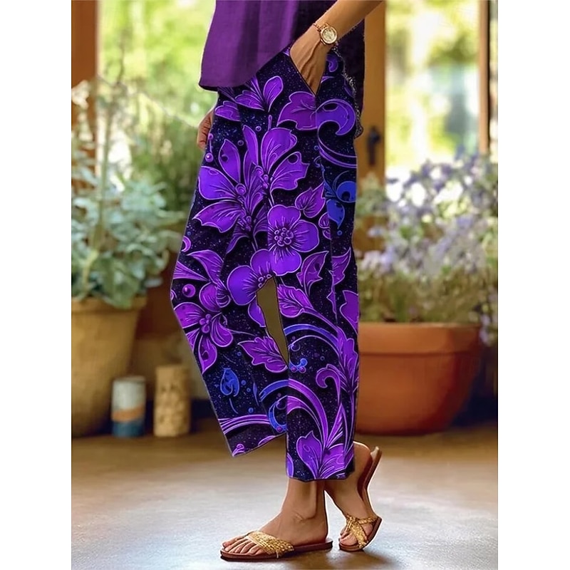 Women's Chinos Vacation Vintage Ethnic Style Ankle-Length High Waist Floral Graphic Leaf Pocket Soft Outdoor Breathable Inelastic Vacation Street Causal Deep Purple Black Light Purple Green Summer2